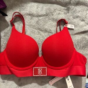 Victoria's Secret Red Push-Up Bra with Logo Rhinestone Plaque